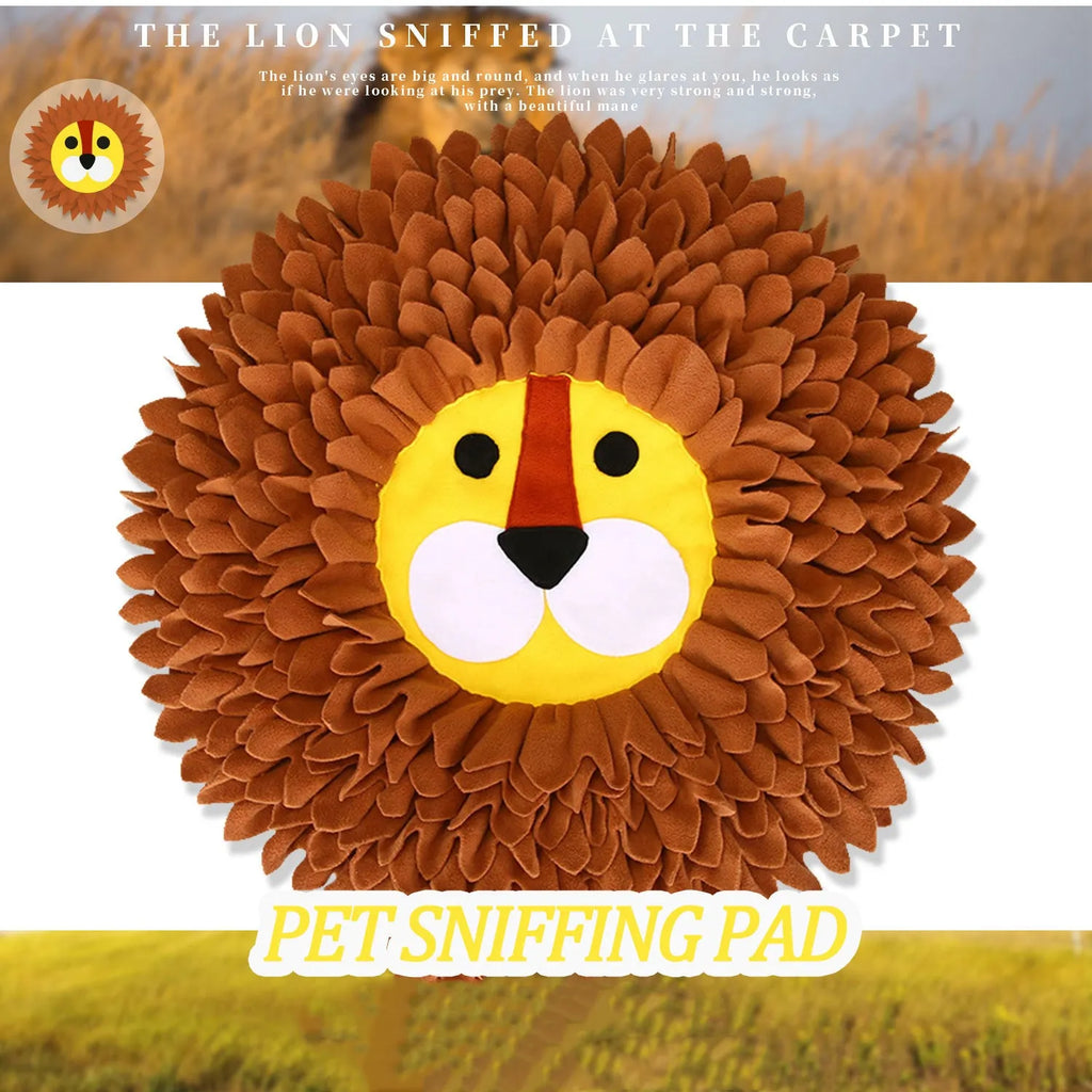 Brown lion pattern snuffle mat for dogs and cats showing fabric folds for food hiding