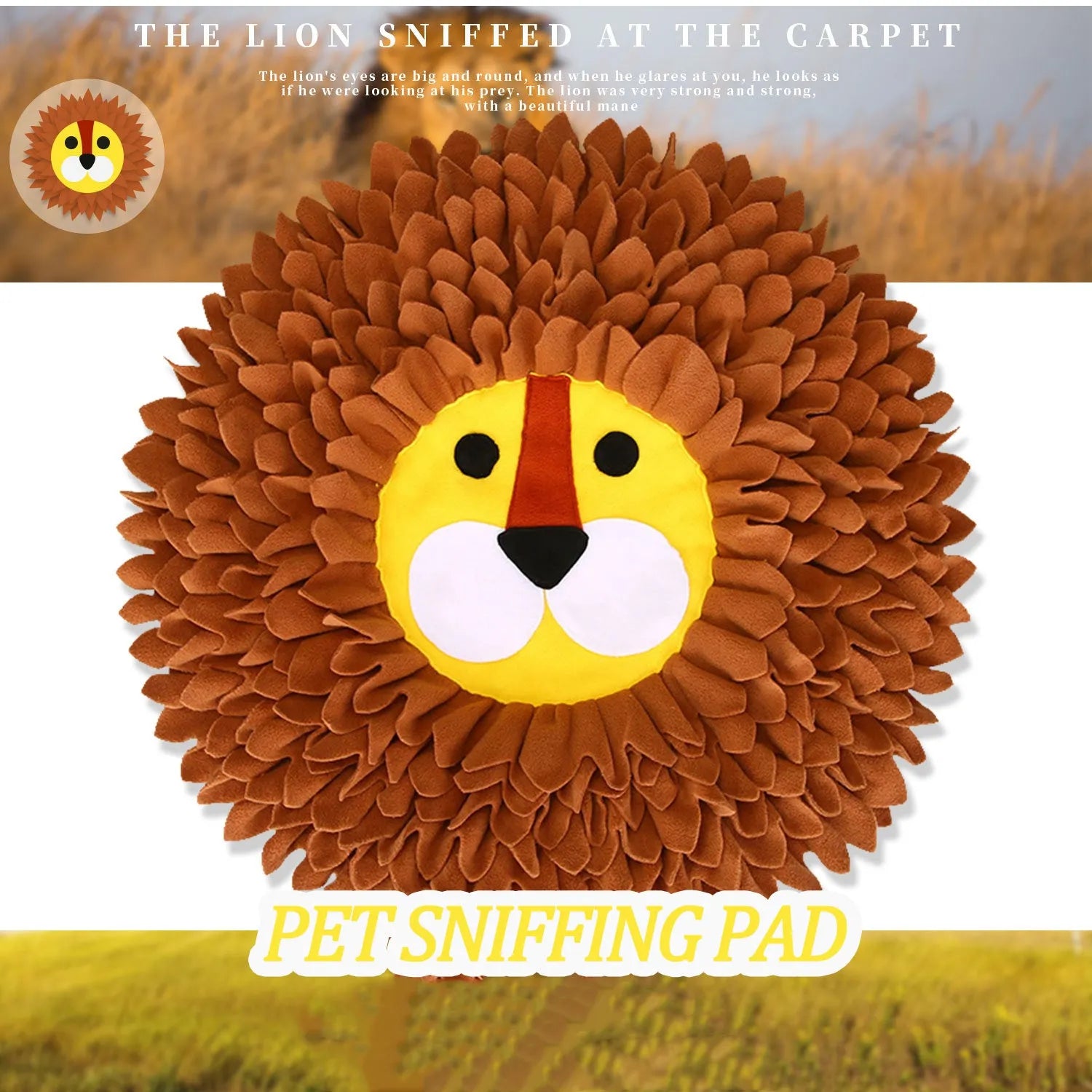 Brown lion pattern snuffle mat for dogs and cats showing fabric folds for food hiding