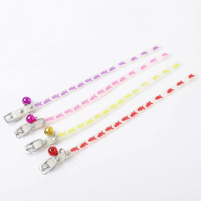 Glow-in-the-dark adjustable cat collar with metal bell in love, fishbone, footprint or paw print design