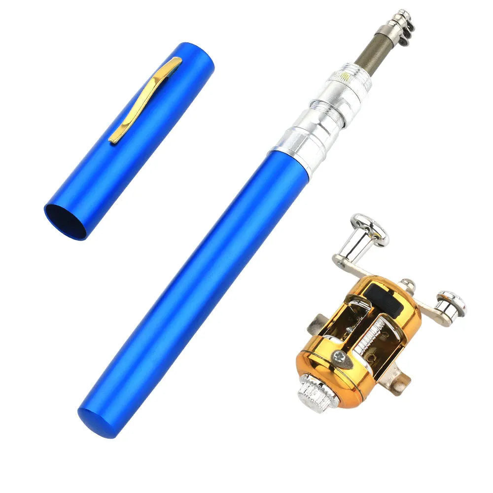 Gold telescopic fishing rod extended to 1 metre with ST5RL drum alongside collapsed rod in aluminium case