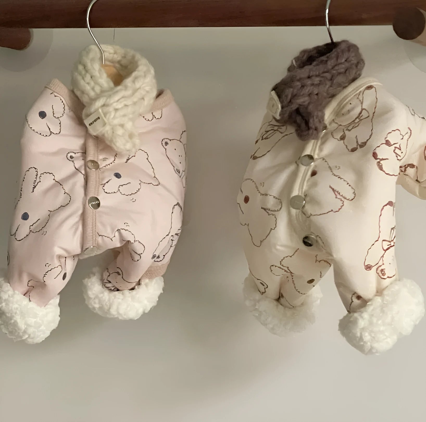 Bear print pet winter jumpsuit in pink with knitted scarf, fleece cuffs, and snap buttons