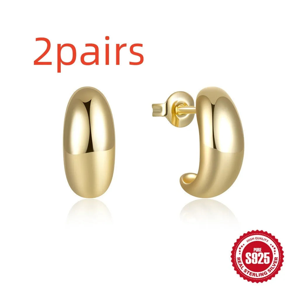 C-shaped 925 sterling silver ring stud earrings with glossy electroplated finish in gold or white gold colour options