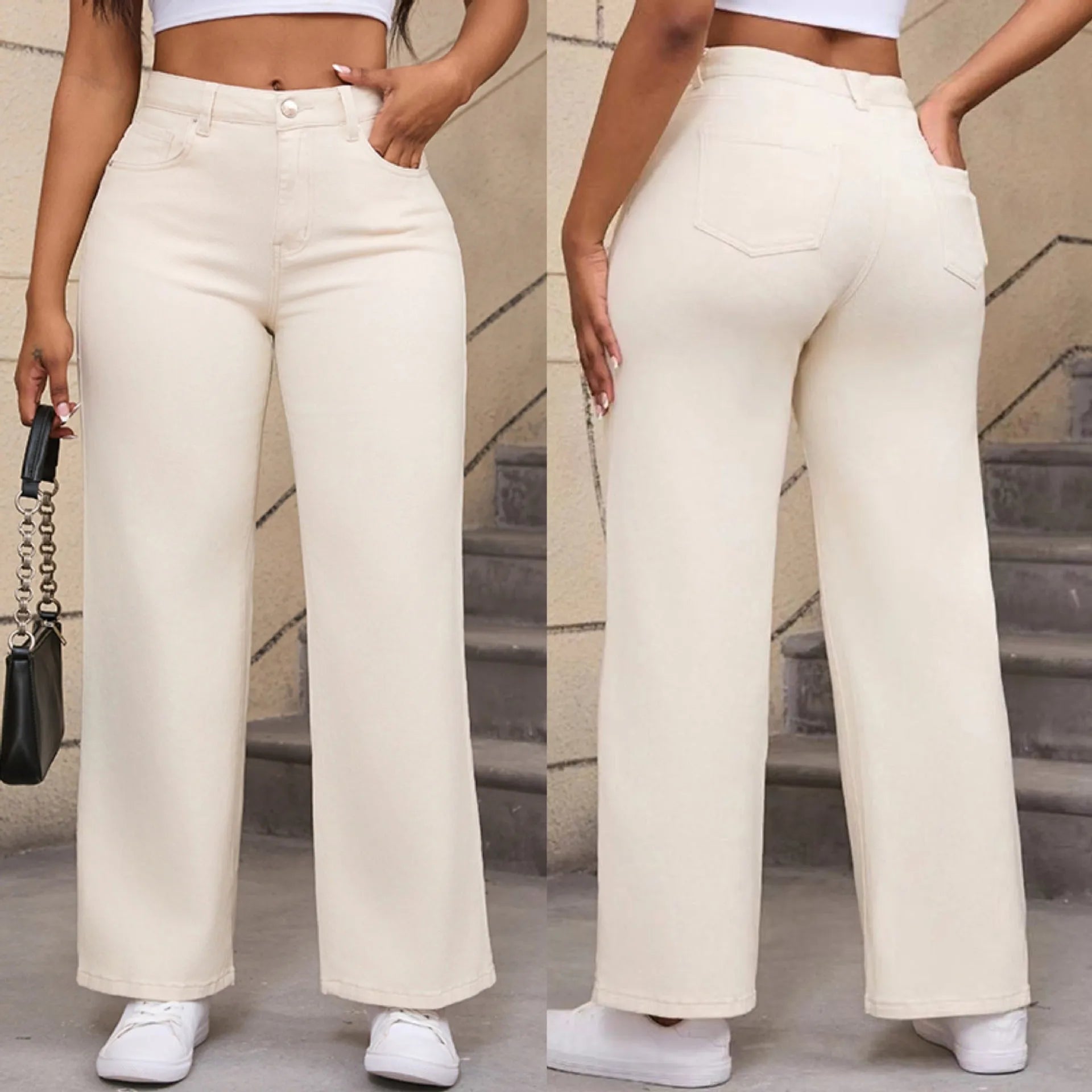 Women's apricot high-waist wide-leg cotton jeans laid flat showing straight leg cut.