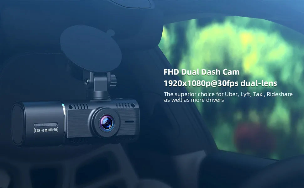 Standard black 1080p dual recording dash cam with a 1.5-inch screen on a car windscreen.