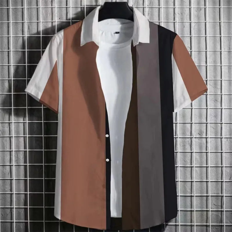 Man wearing a linen short sleeve t-shirt with a 3D printed colour simple striped pattern.