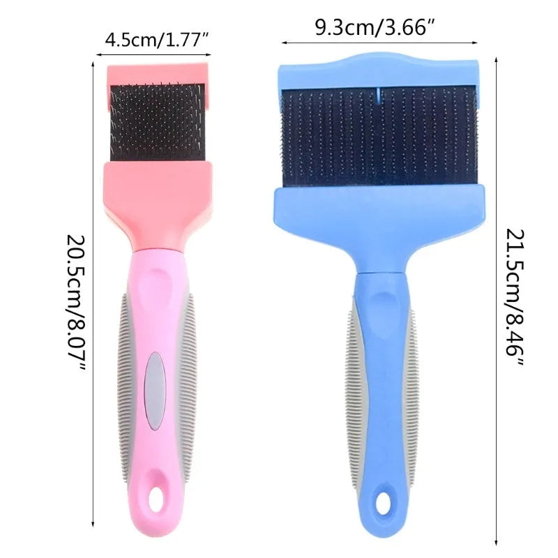 Double-sided pet grooming brush with stainless steel pins and ergonomic handle in blue colour
