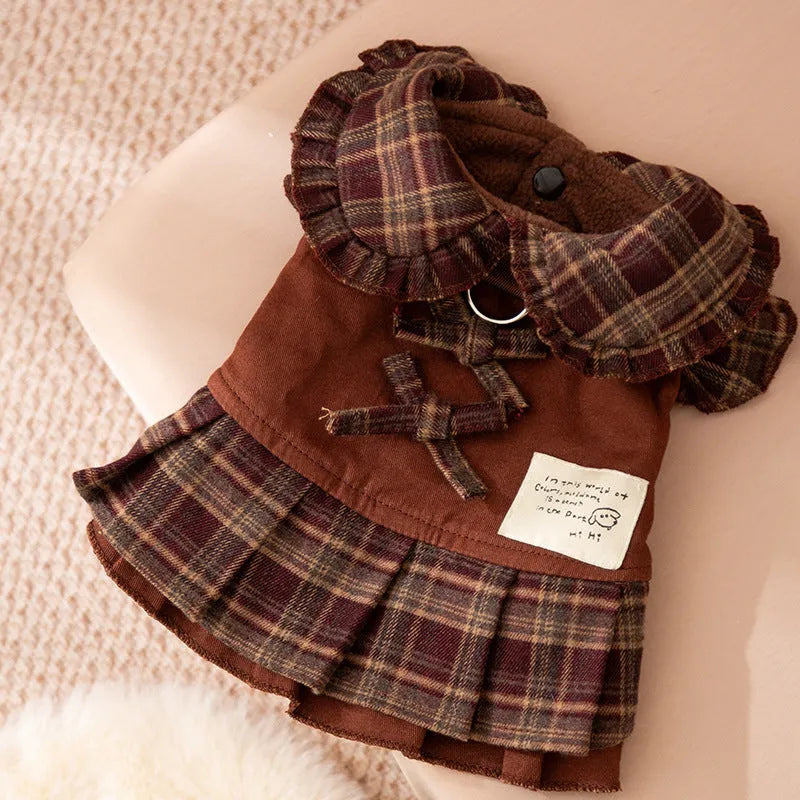Autumn winter dog skirt with check pattern and thermal wool lining, featuring stretchable knitted fabric for small and medium dogs