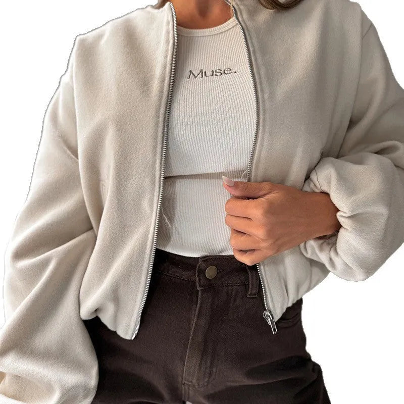 Women's off-shoulder lantern sleeve coat in brown casual style with pocket details