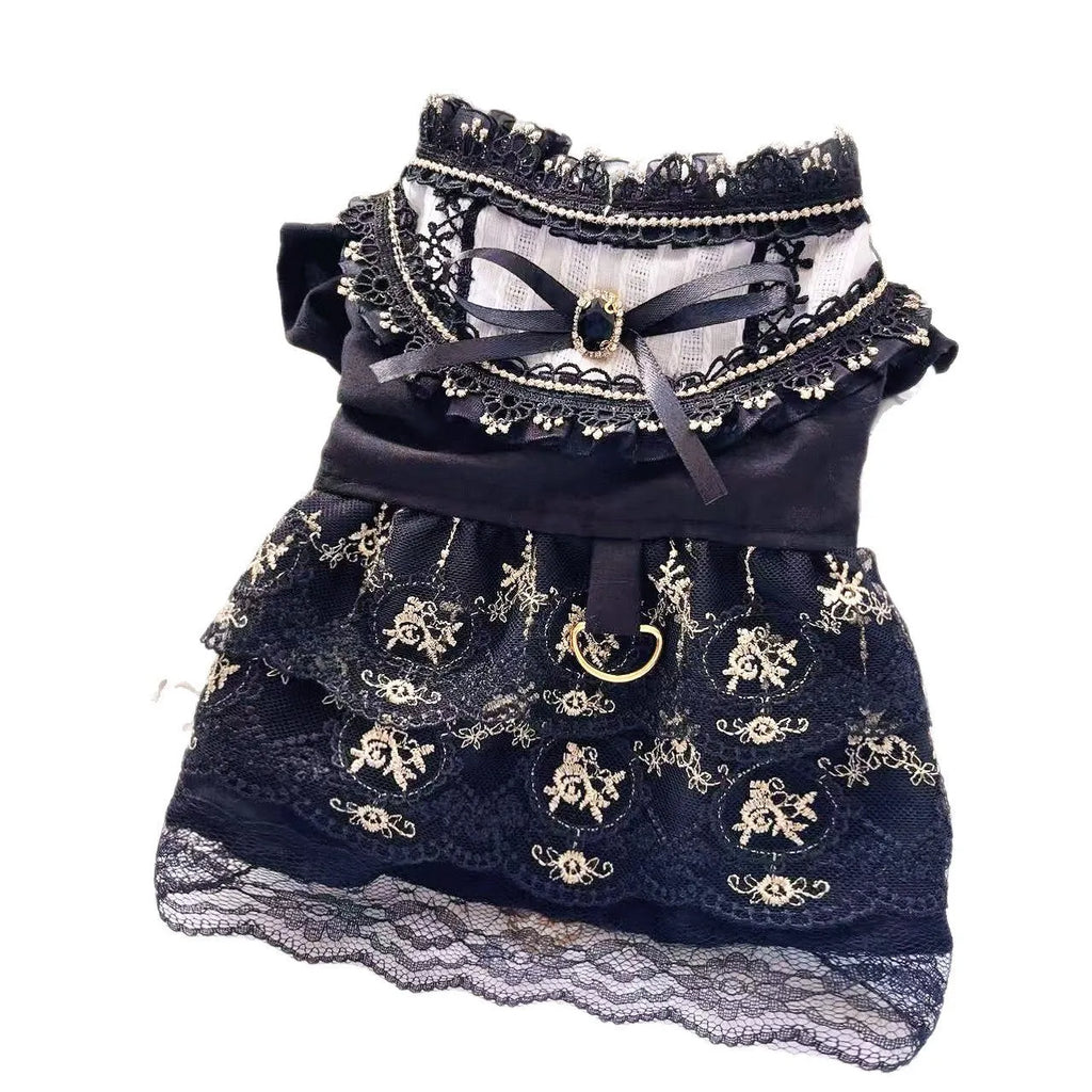 Golden gothic princess-style skirt costume for a small dog on a white background.