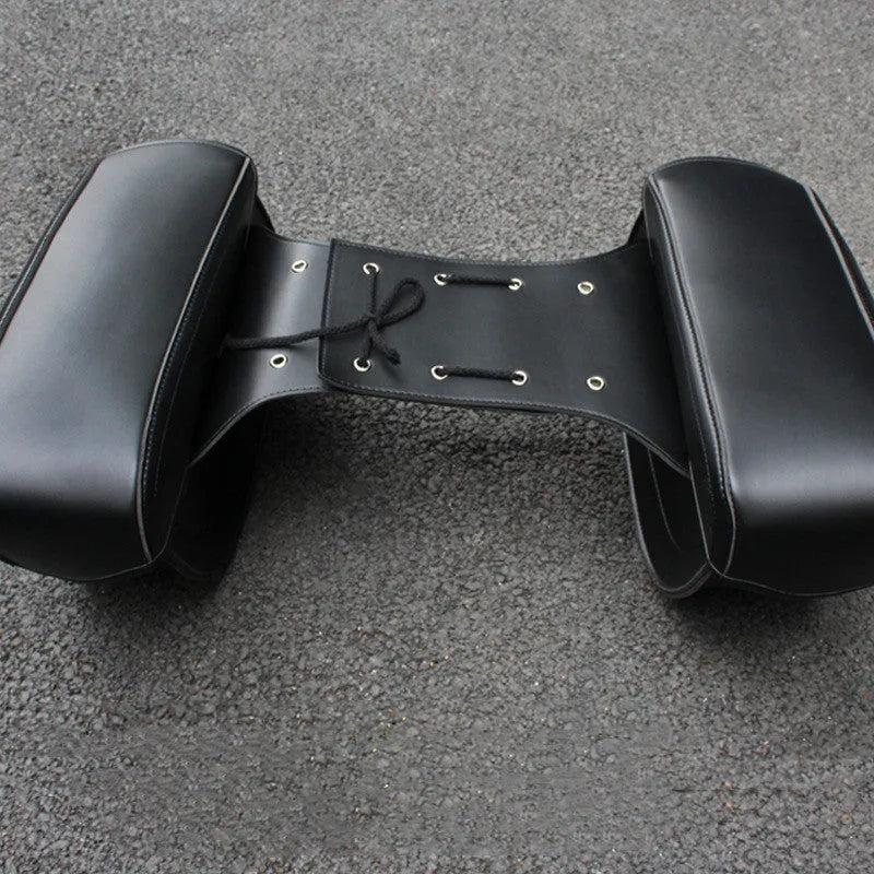 Retro motorcycle saddle bag in PU leather showing side box design with 42cm width