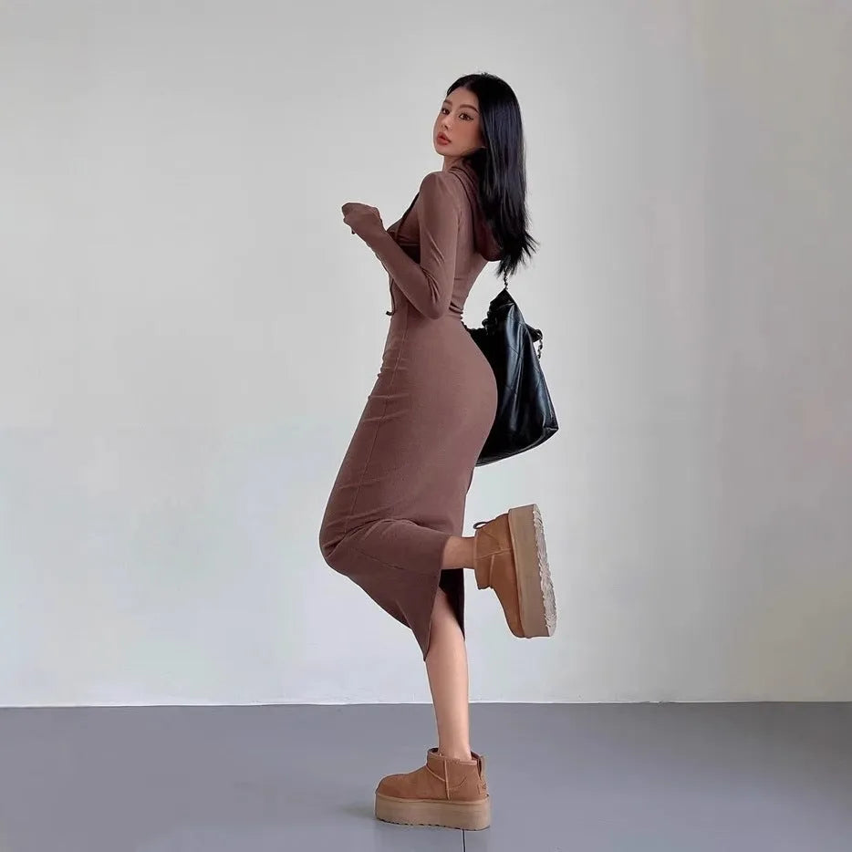 Women's grey hooded sleeve sheath dress with over-the-knee length and high waist design