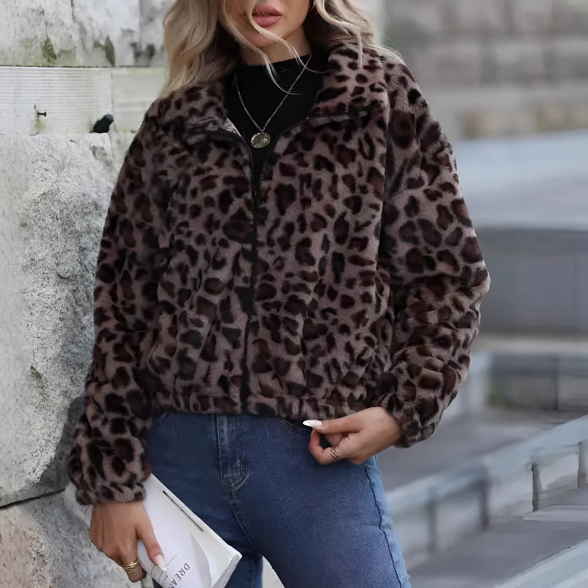 Women's loose fit leopard print plush coat with front zip and raglan sleeves