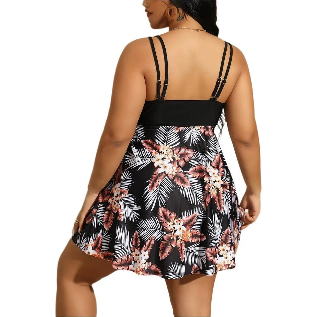 Plus size leopard print slimming conservative skirt bikini on female model, polyester fabric, sizes 0XL to 5XL
