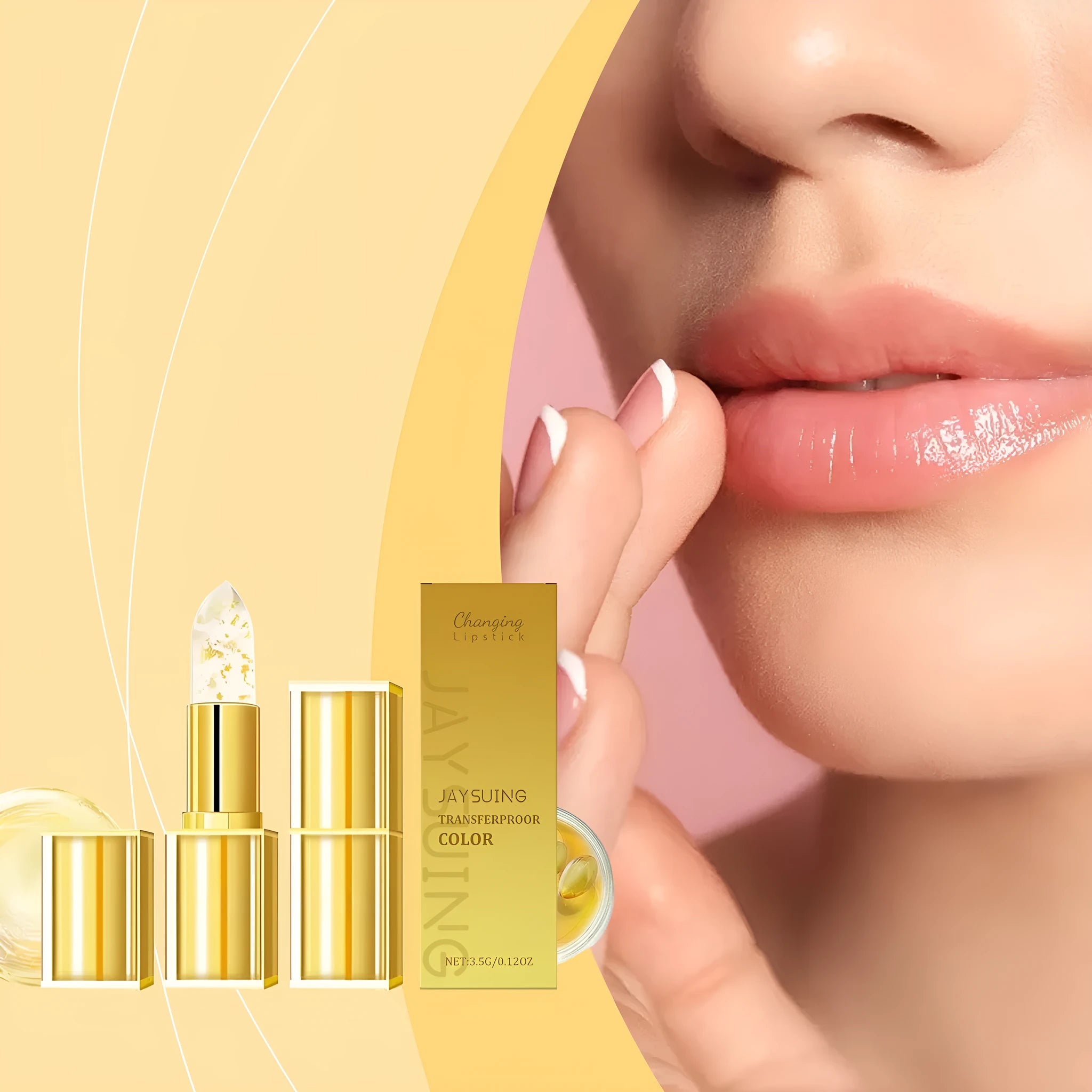 Gold foil packaged nourishing lipstick with 3.5g content containing hyaluronic acid and Vitamin E.