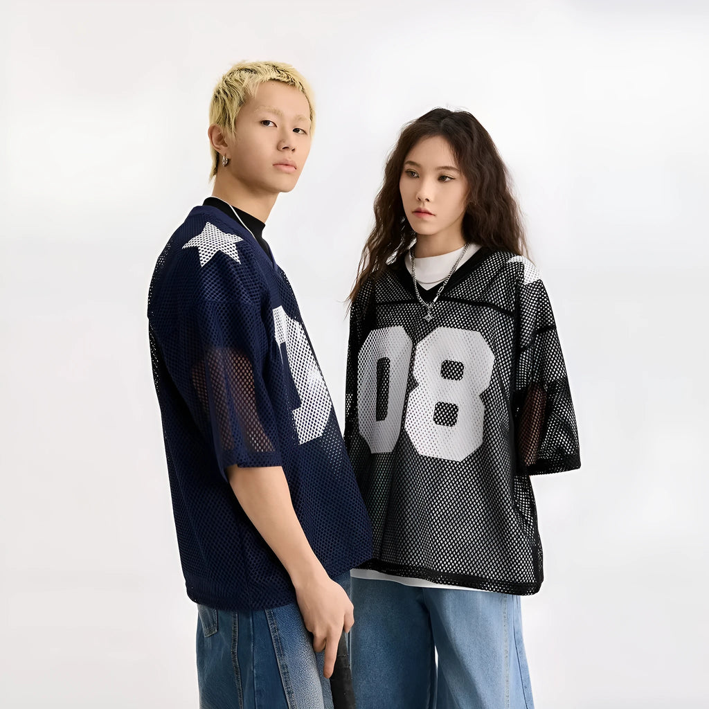 Black and navy blue half sleeve shirt with letter pattern in loose pullover style