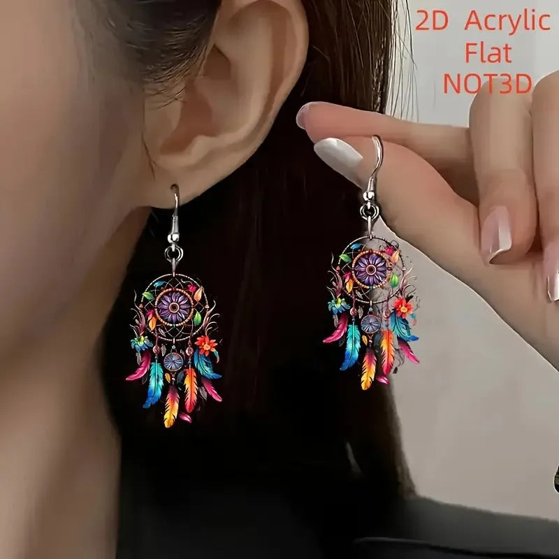Flat acrylic earrings with printed dreamcatcher pattern in geometric shape, Dream Catcher Earrings E1258 colour