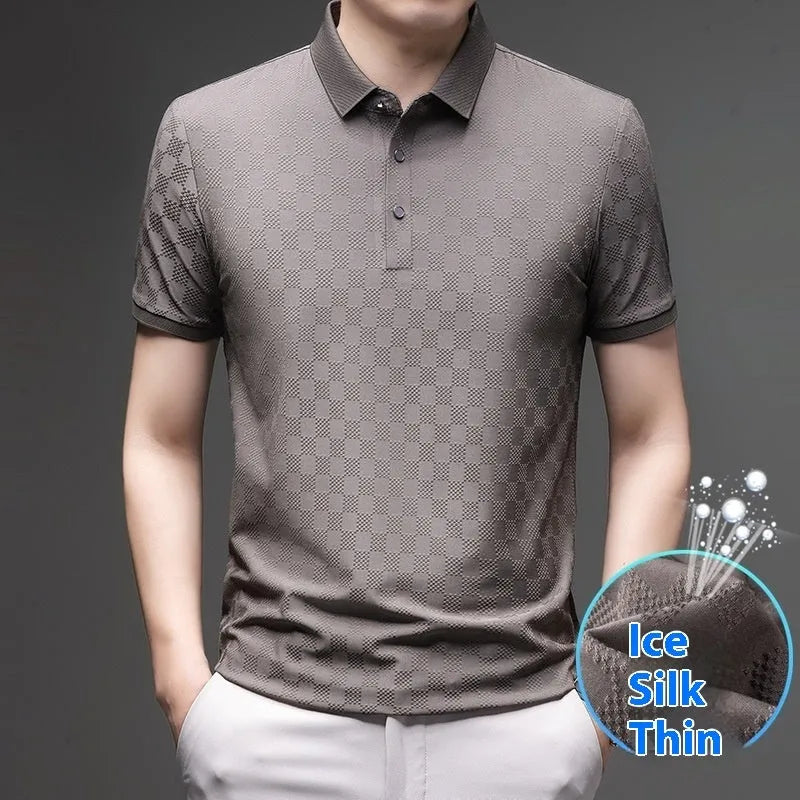 Rhombus patterned thin ice silk short sleeve T-shirt for men in black, shown flat.