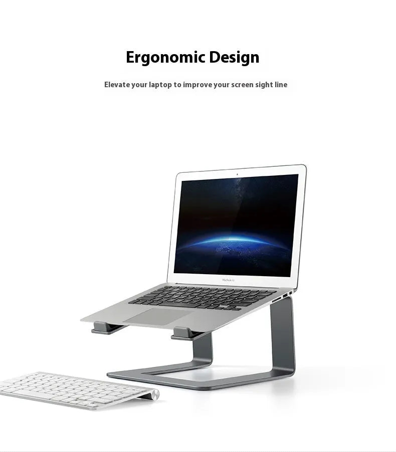 Black aluminium alloy laptop stand on a desk, showing its raised platform and dimensions.
