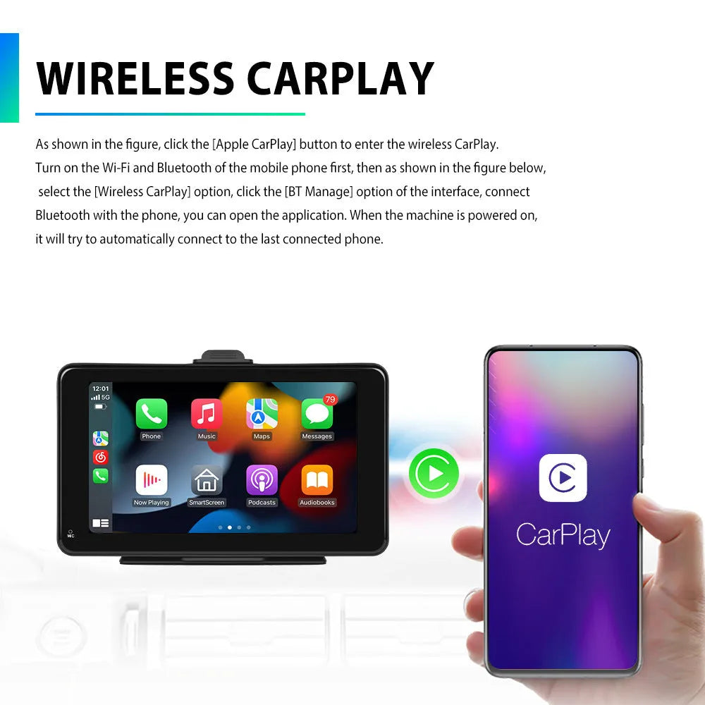 7-inch HD car screen player with universal mounting bracket and suction cup on a black background.