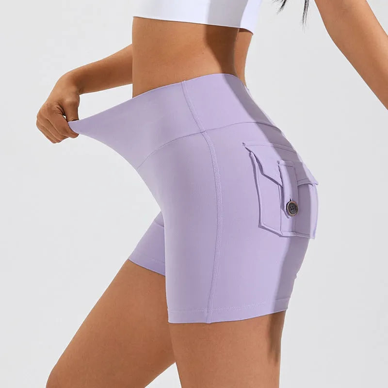 Women's high waist hip lifting shorts with side pockets in quick-dry nylon fabric