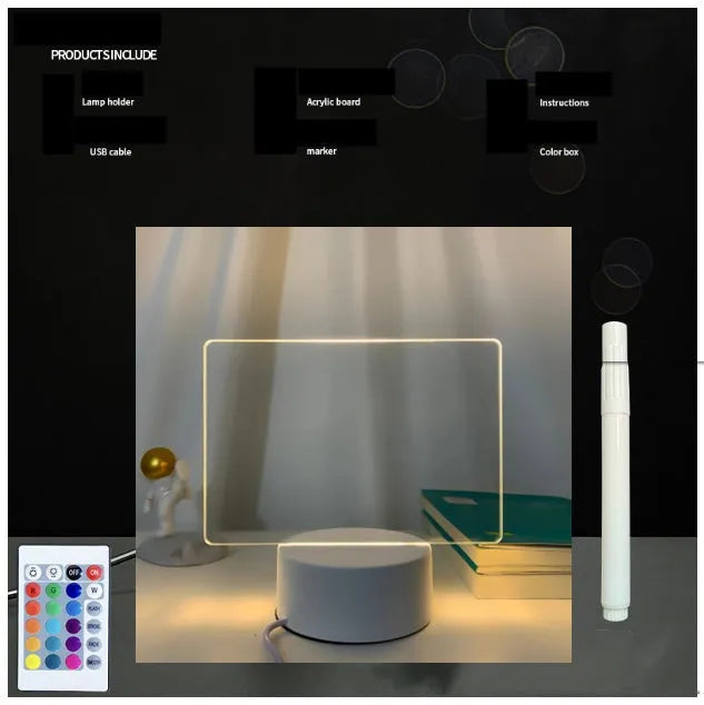 Black 3D acrylic LED message board night light with remote control and pen on desk