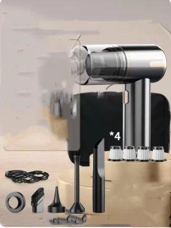 XY-2317 handheld cordless car vacuum cleaner with brush and nozzle attachments on a car seat.