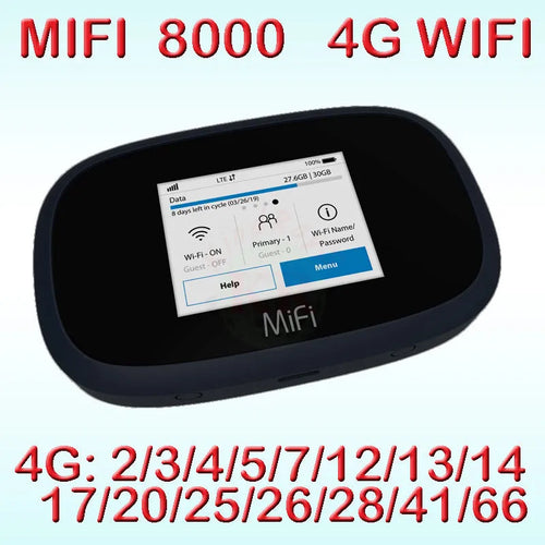 Black MiFi8000 4G portable wireless router with battery and data cable.