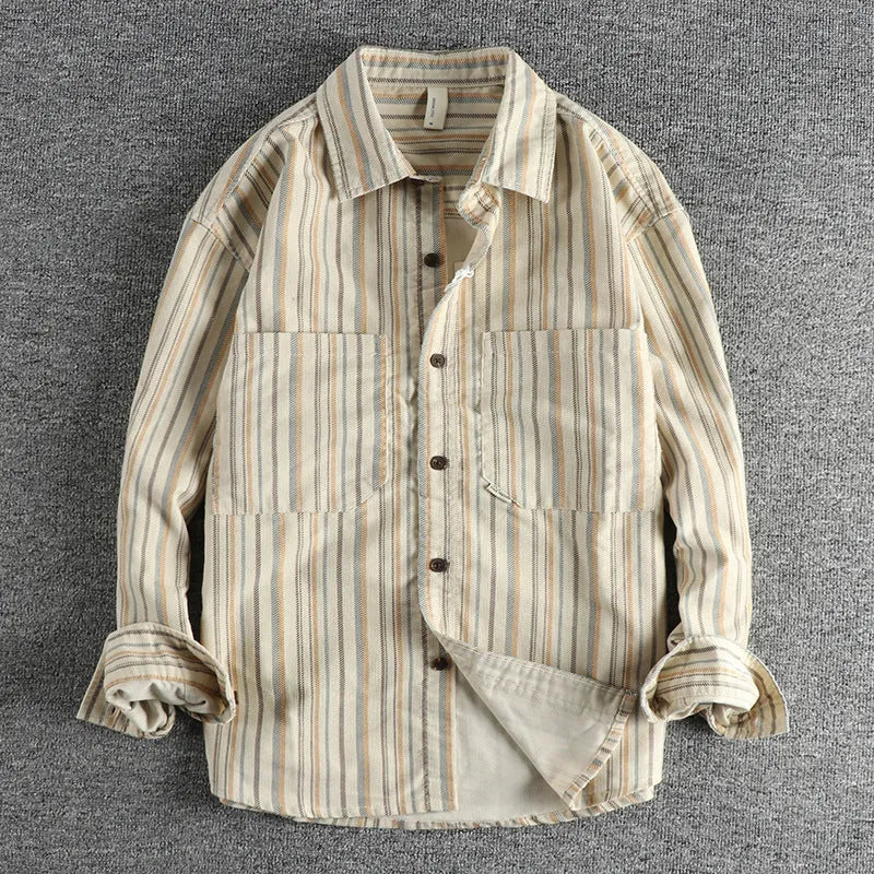 Men's vintage striped overshirt in loose fit, shown in apricot colour with Japanese retro styling.