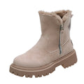 Women's black faux suede high-top snow boots with side zipper and thick plush lining.