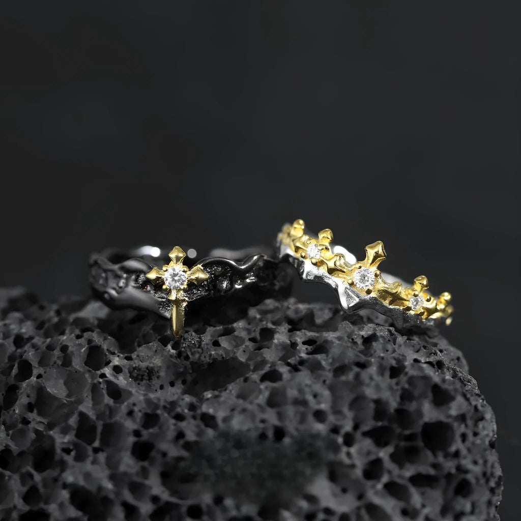 Princess Knight Couple silver ring with adjustable opening in white gold or black gold electroplated finish