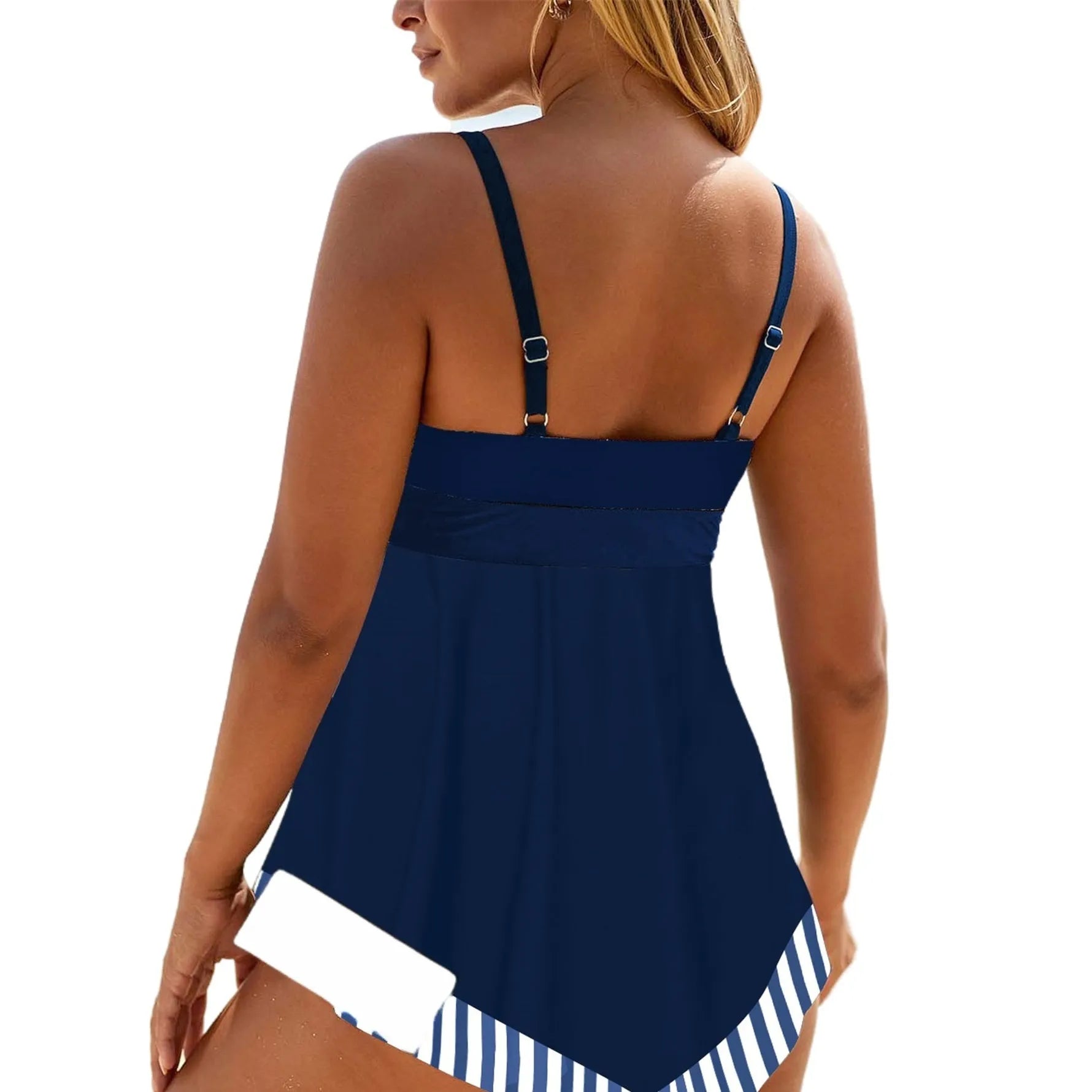 Plus size women's two-piece bikini swimsuit in dark blue, showing backless design.