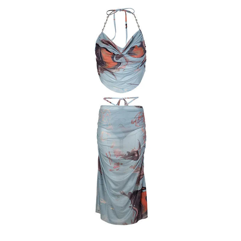 Blue women's three-piece bikini set with diamond chain split pattern and backless design