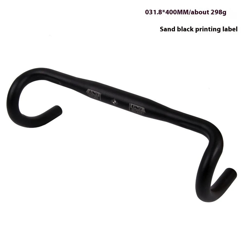 Black UNO aluminium alloy road bike racing drop handlebar showing shallow bend profile.