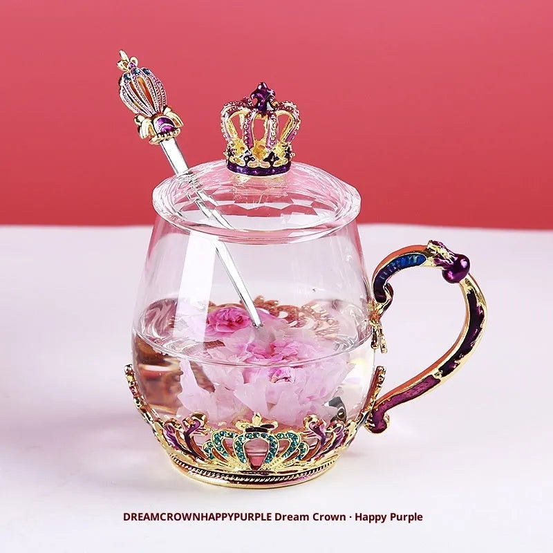 Round heat-resistant glass tea cup with enamel spoon, lid, and plate in solid colour, short cup style