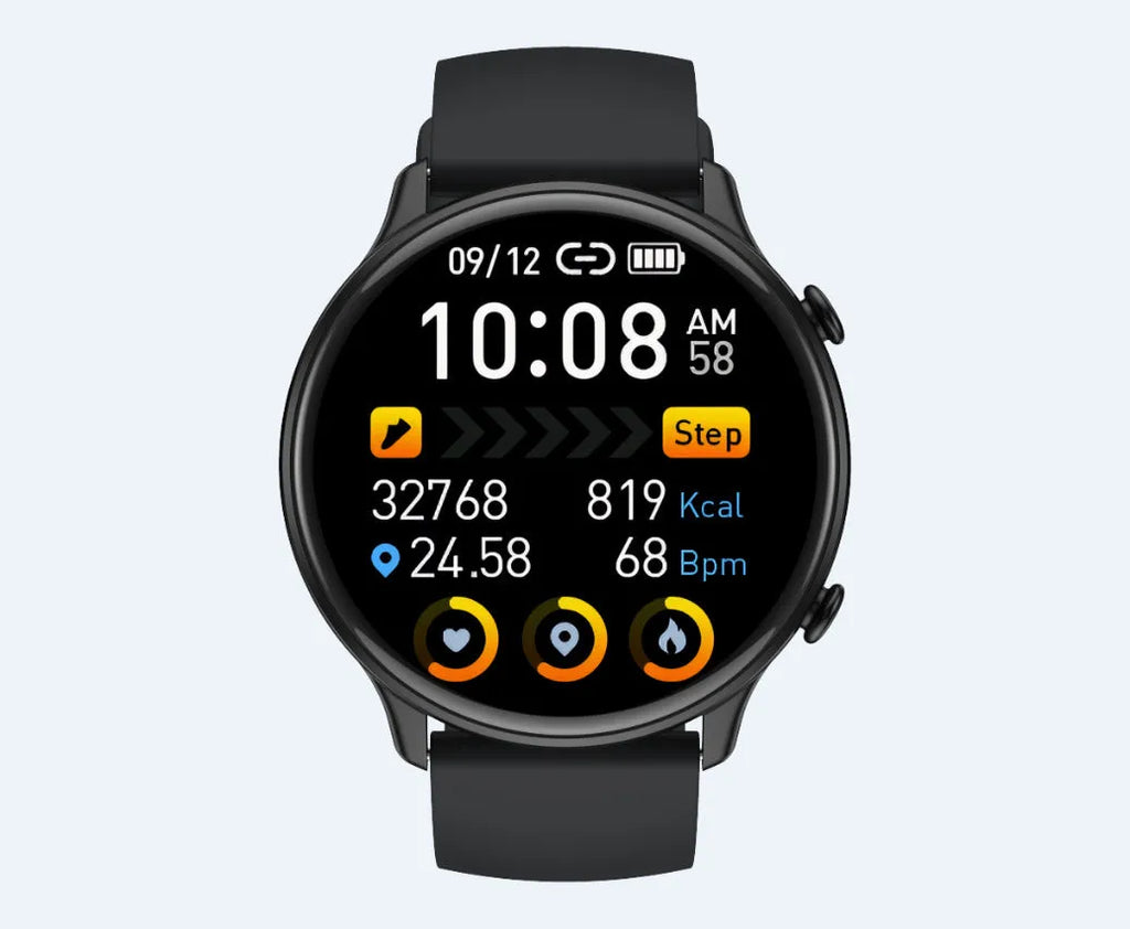 Round touch screen smart sports watch with heart rate monitor and silicone strap in black, blue or pink