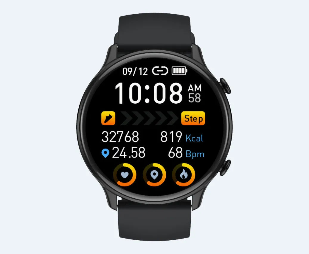 Round touch screen smart sports watch with heart rate monitor and silicone strap in black, blue or pink