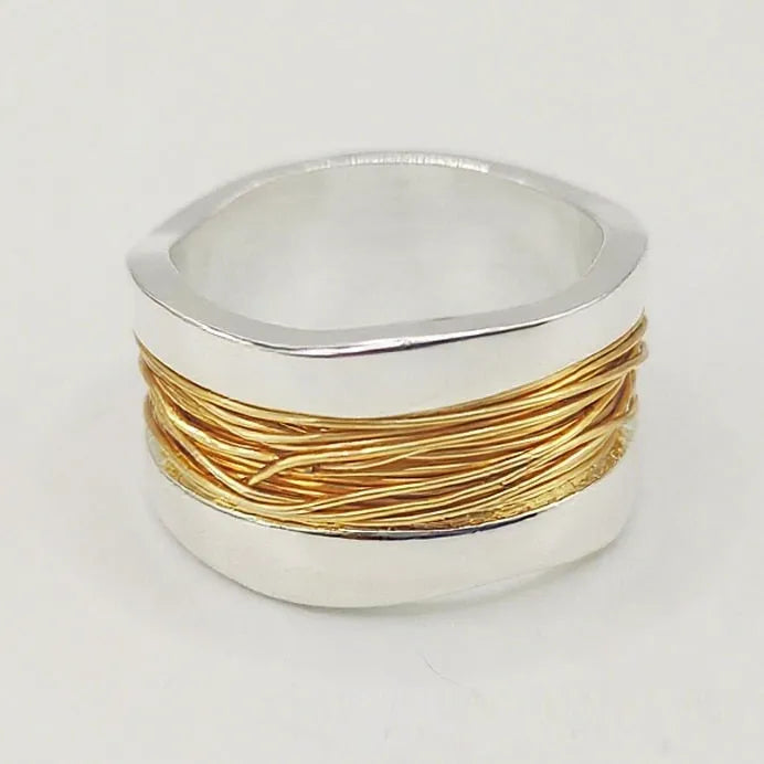 Hand-wound real copper wire wide surface bracelet in two-tone geometric design, electroplated finish