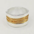 Hand-wound real copper wire wide surface bracelet in two-tone geometric design, electroplated finish