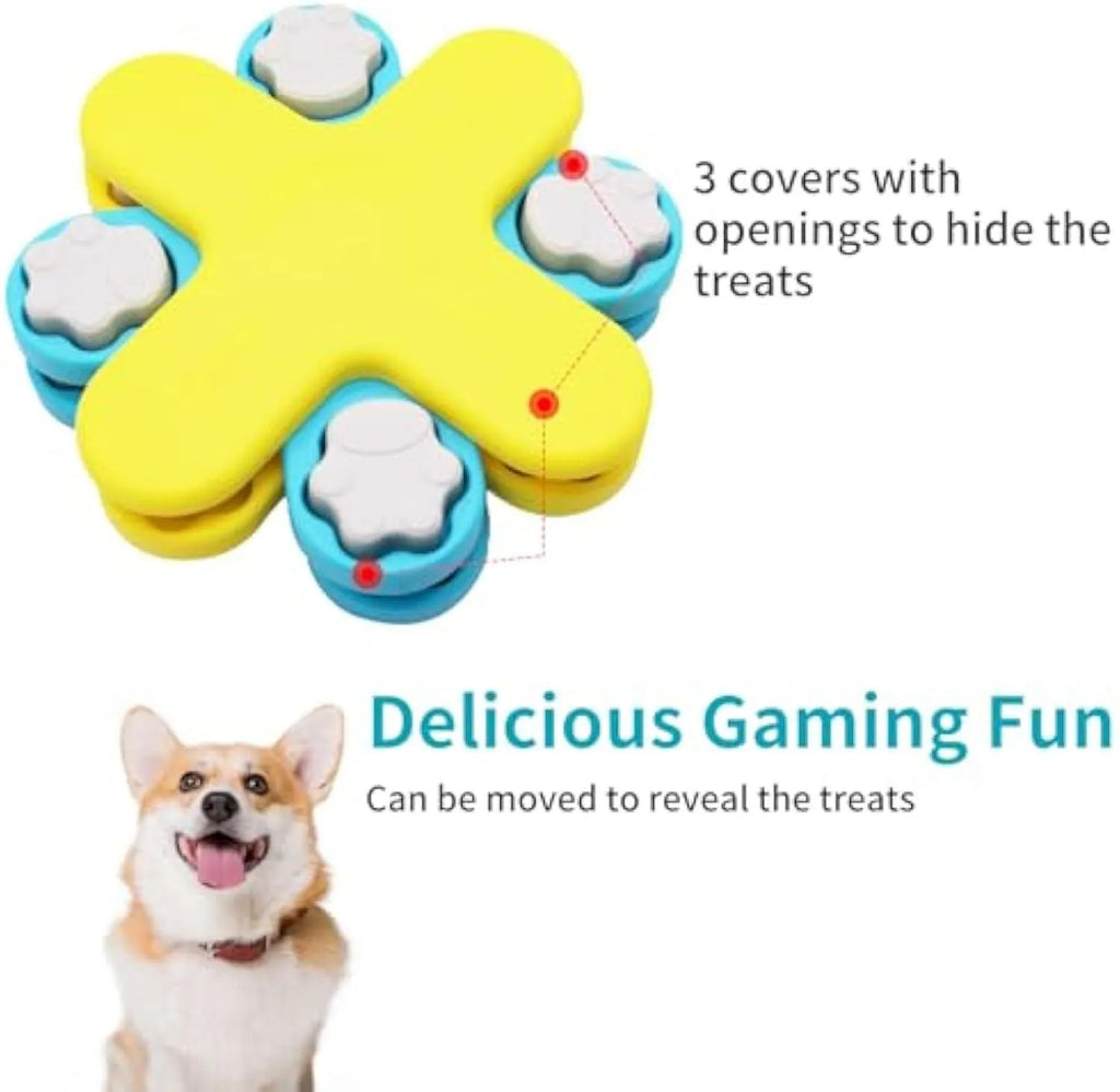 Yellow three-layer rotating dog puzzle feeder toy with anti-slip base for interactive slow feeding