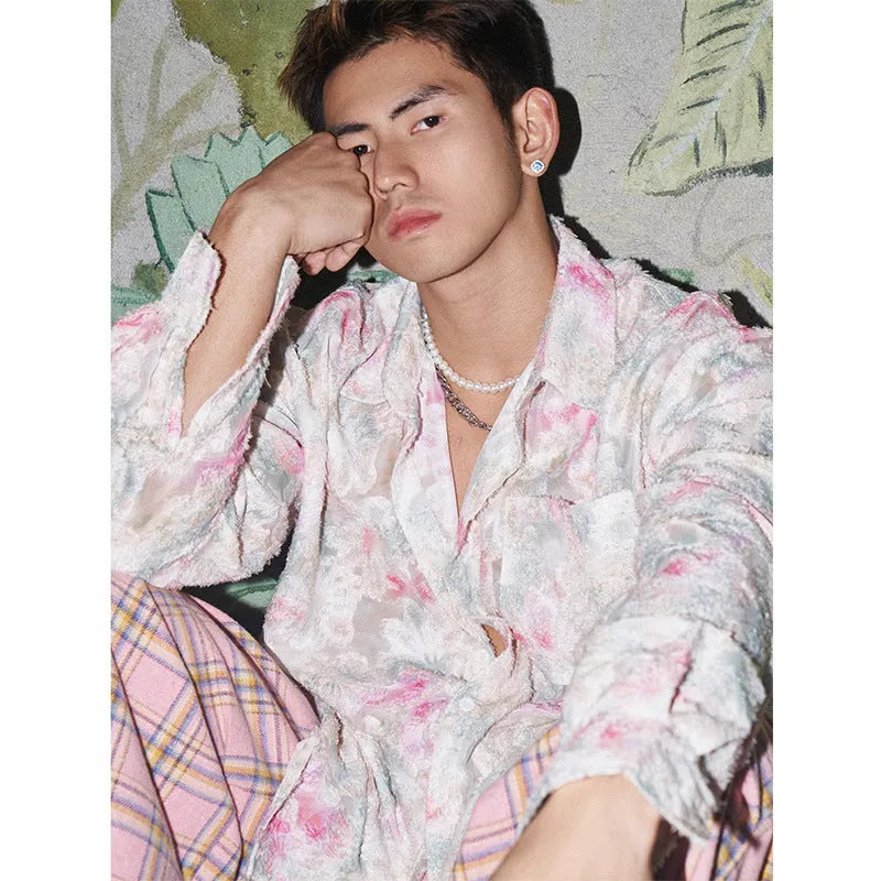 Long sleeve floral shirt with embossed three-dimensional pattern in polyester blend fabric