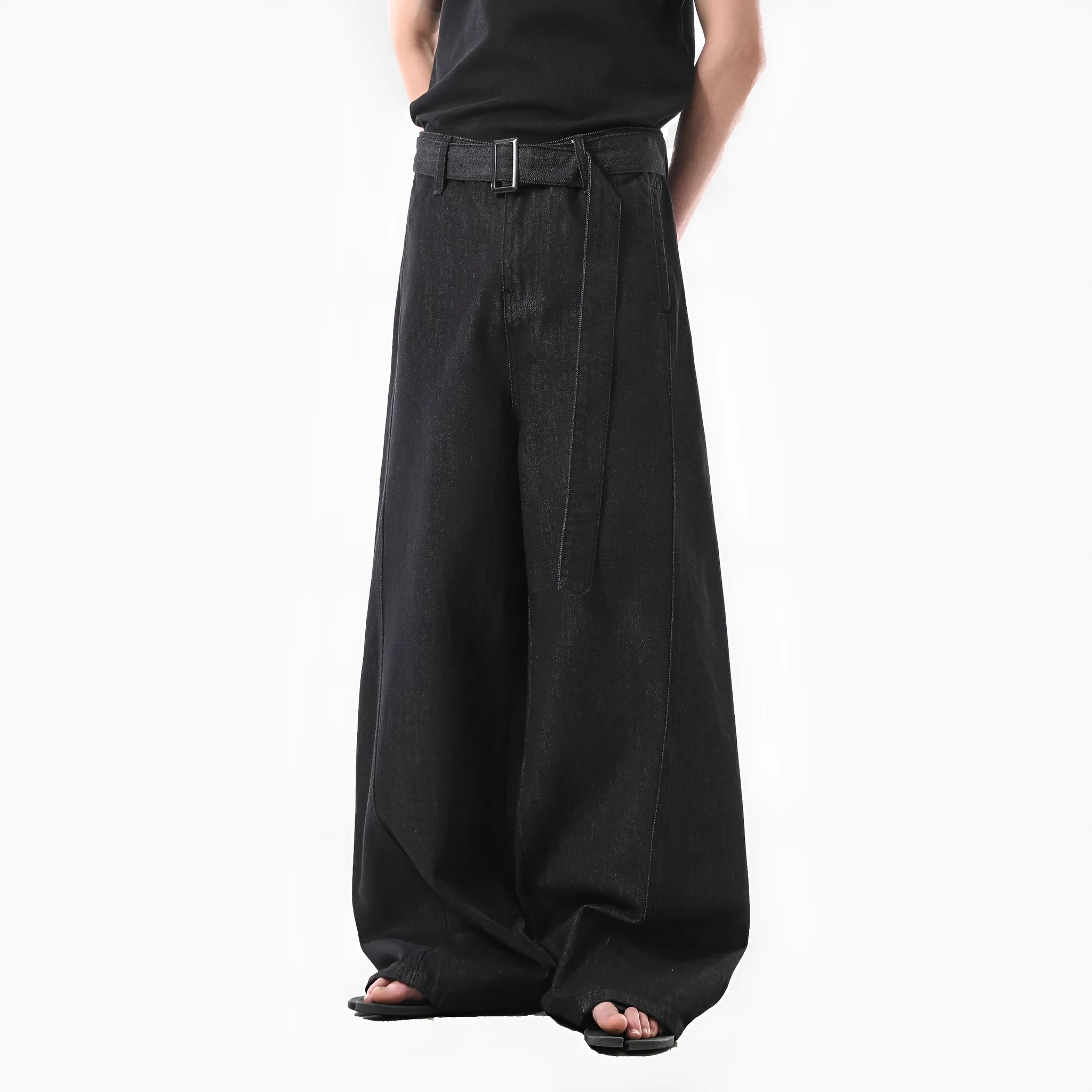 Black high waist straight leg jeans with zip fly on mannequin