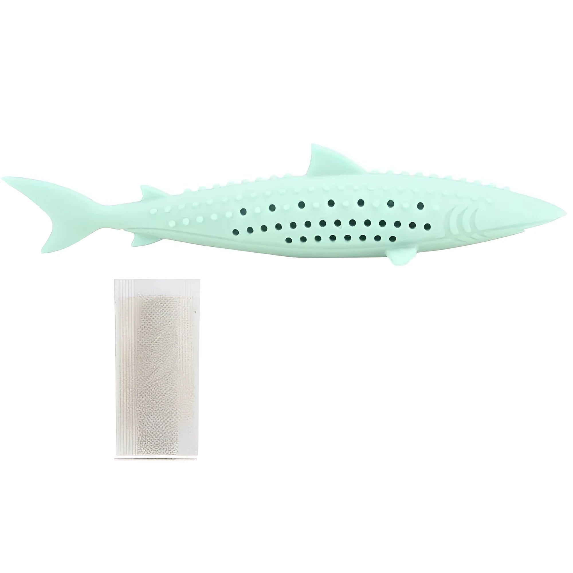 Green silicone fish-shaped chew toy for cats on a white background