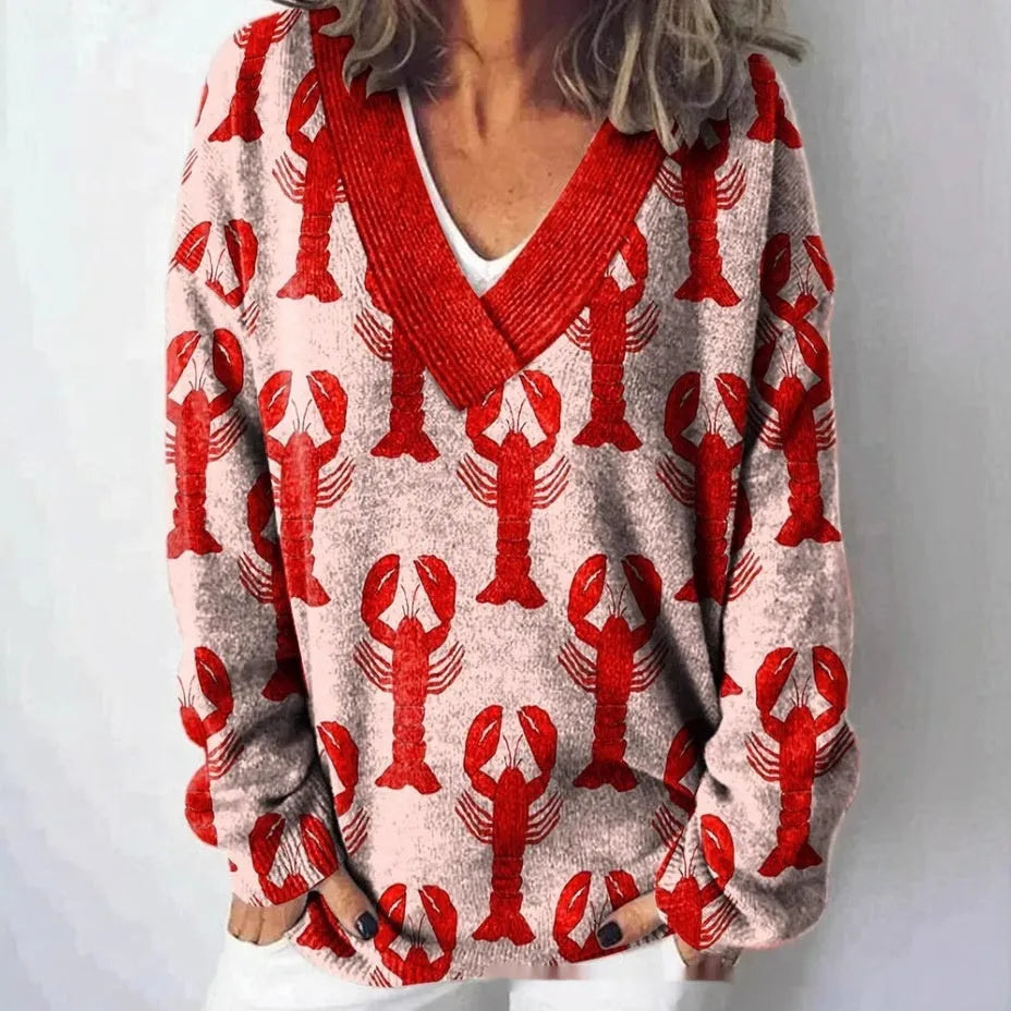 Women's V-neck floral pattern printed sweatshirt with 3D effect and long sleeves