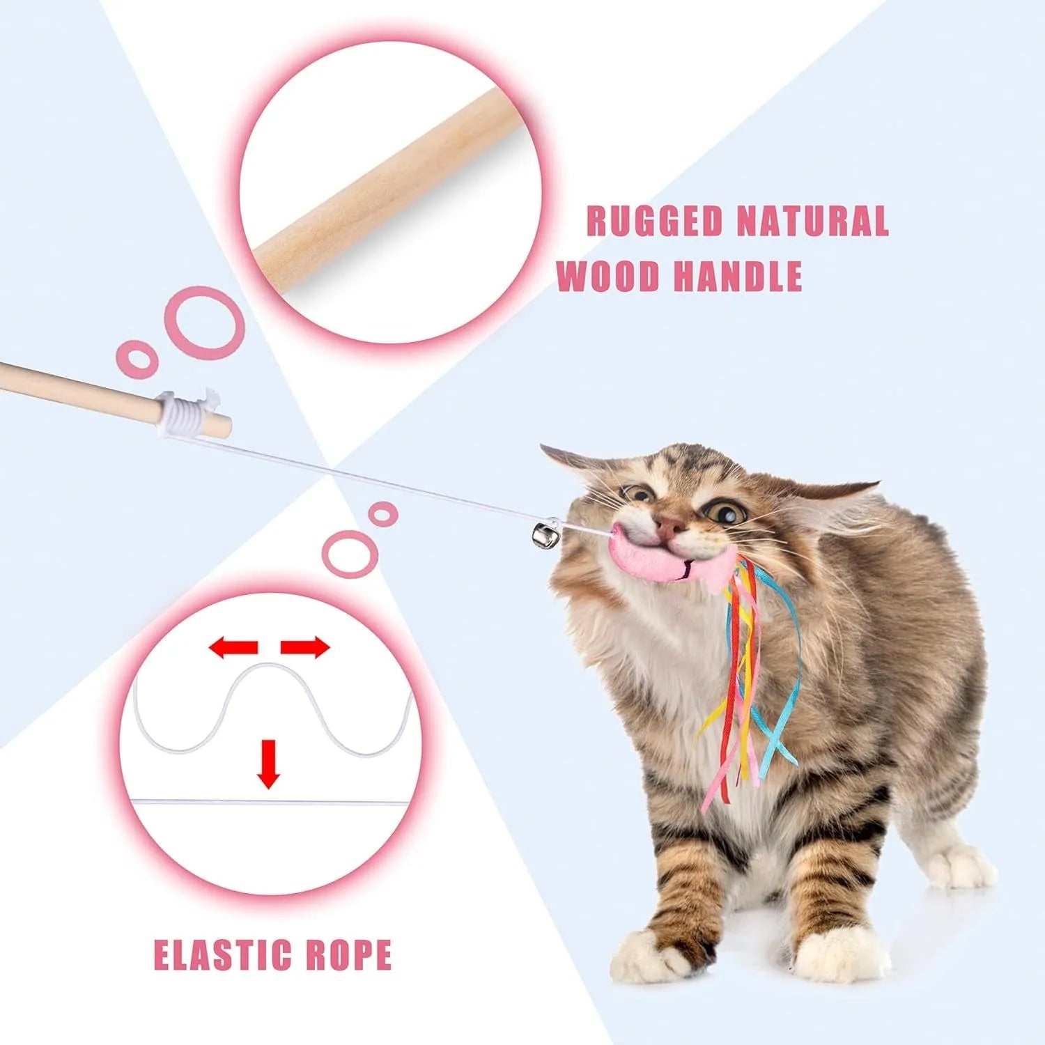 Cat wand toy with wooden handle, colourful ribbons, catnip fish and bell for indoor cat play