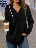 Women's red V-neck polyester hoodie with long sleeves, loose fit