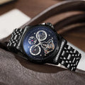 Men's black and white automatic waterproof business watch with steel or leather strap