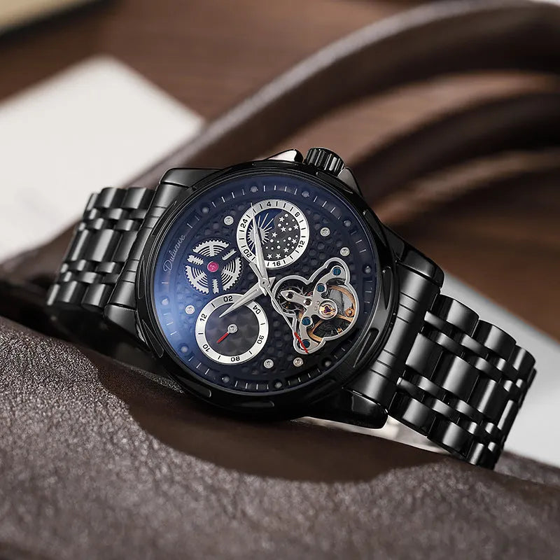 Men's black and white automatic waterproof business watch with steel or leather strap