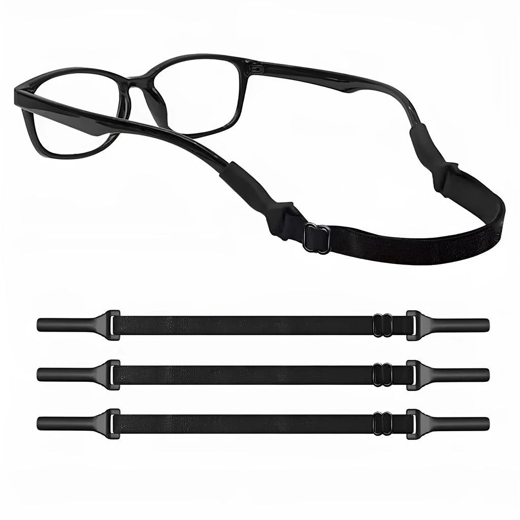 Black adjustable glasses cord with silicone ends shown fitted to a pair of spectacles