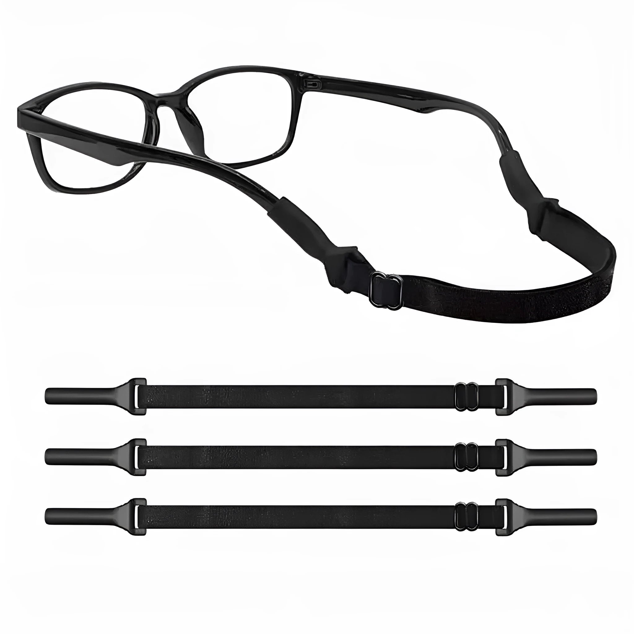 Black adjustable glasses cord with silicone ends shown fitted to a pair of spectacles