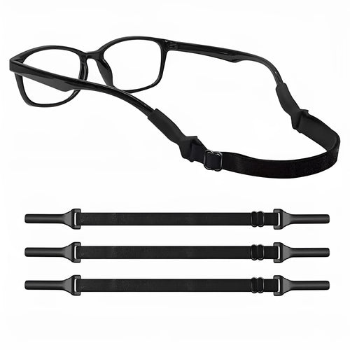 Black adjustable glasses cord with silicone ends shown fitted to a pair of spectacles